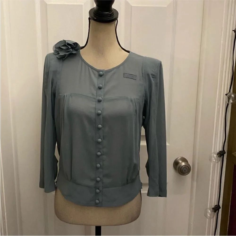 Byron Lars Elegant Blue/gray Women's Top with Floral brooch Accent, S